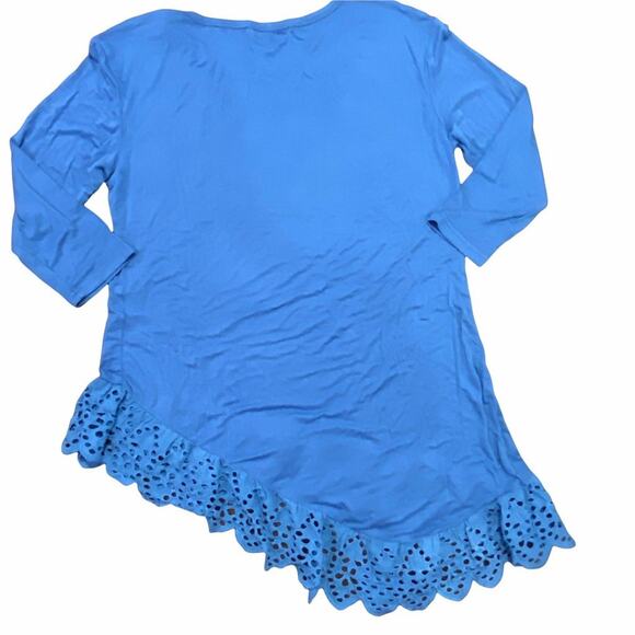 Blue Tunic Shirt Top with Asymmetrical Ruffled Eyelet Hem 3/4 Sleeves Size Large - Picture 2 of 12